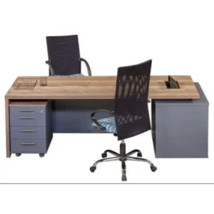 The Spiro Storage Desk is an executive desk with substantial storage. Features include a large working surface and a mobile pedestal (lockable drawers), typically with side shelving or bookcase. Made to order in PG Bison melamine (various finishes). Standard dimensions: 2200mm (w) x 900mm (d) x 750mm (h).