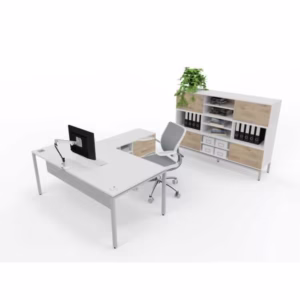 L Shape White Desk With Steel Modesty and Pedenza