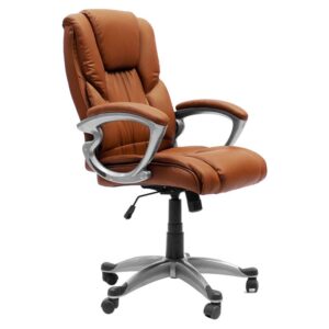 Ergonomic PU Leather Office Chair – Brown Comfort with White Swivel Base
